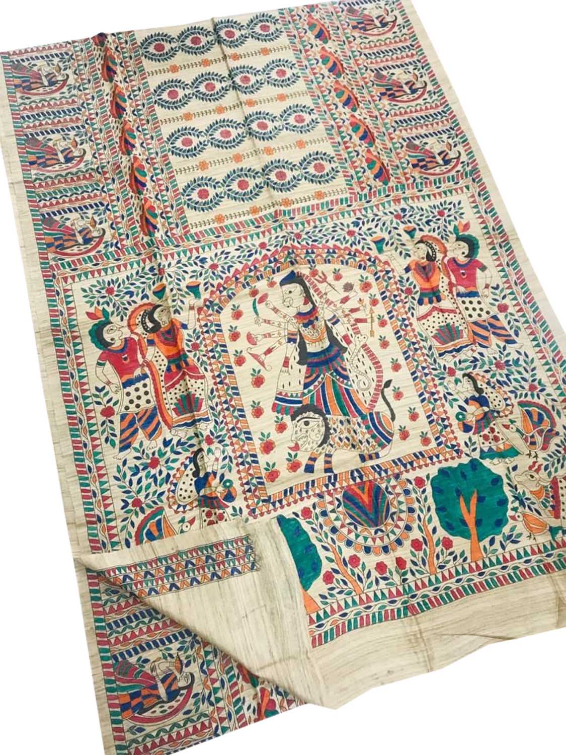 Exquisite Madhubani Tussar Ghicha Silk Saree with Pastel Hand Painted Design - Luxurion World
