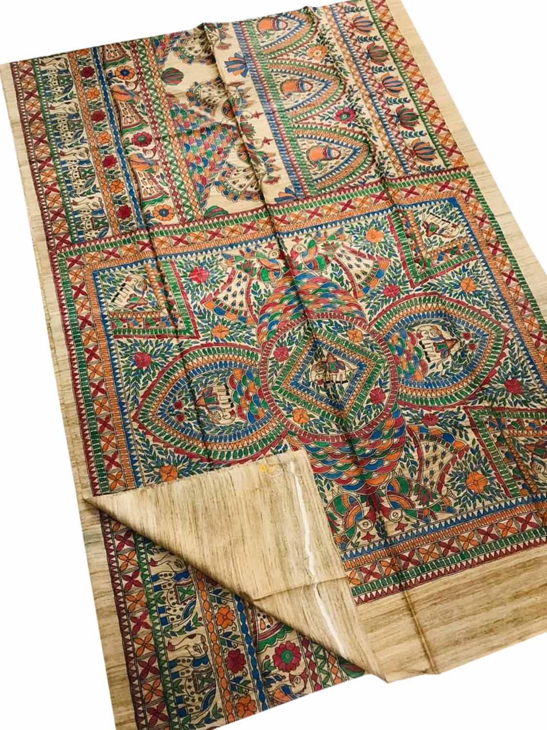 Exquisite Pastel Madhubani Tussar Ghicha Silk Saree - Hand Painted Beauty - Luxurion World