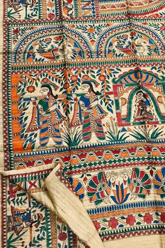 Madhubani Tussar Ghicha Silk Saree: Pastel Hand Painted Elegance - Luxurion World