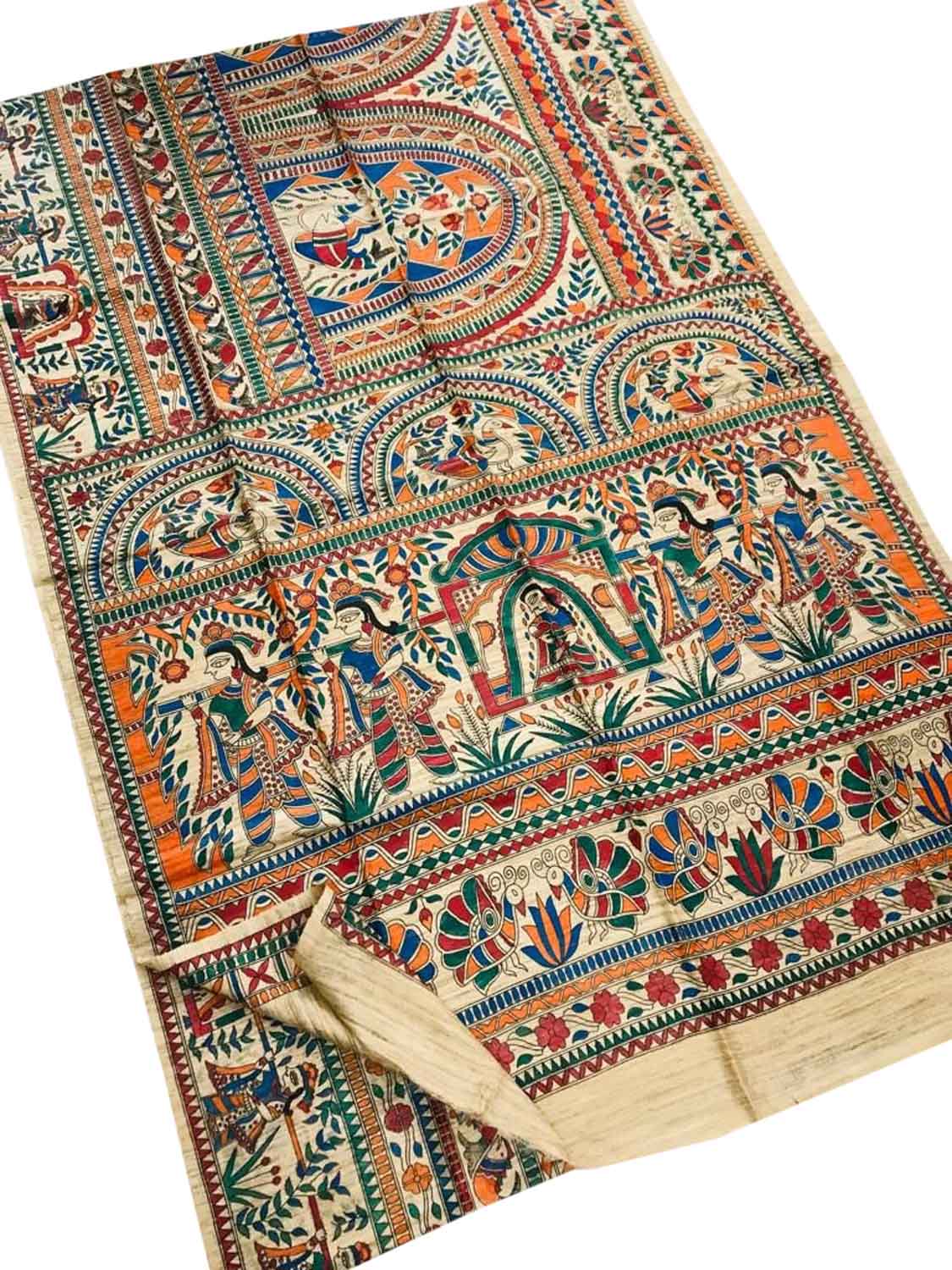 Madhubani Tussar Ghicha Silk Saree: Pastel Hand Painted Elegance - Luxurion World