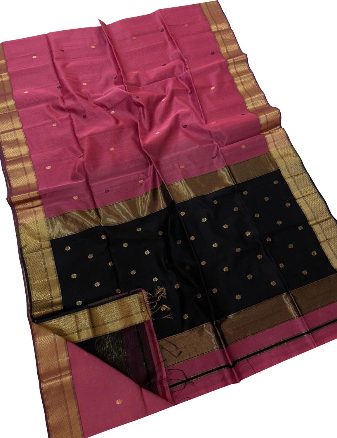 Stunning Pink and Black Maheshwari Silk Cotton Saree - Handloom Woven - Luxurion World