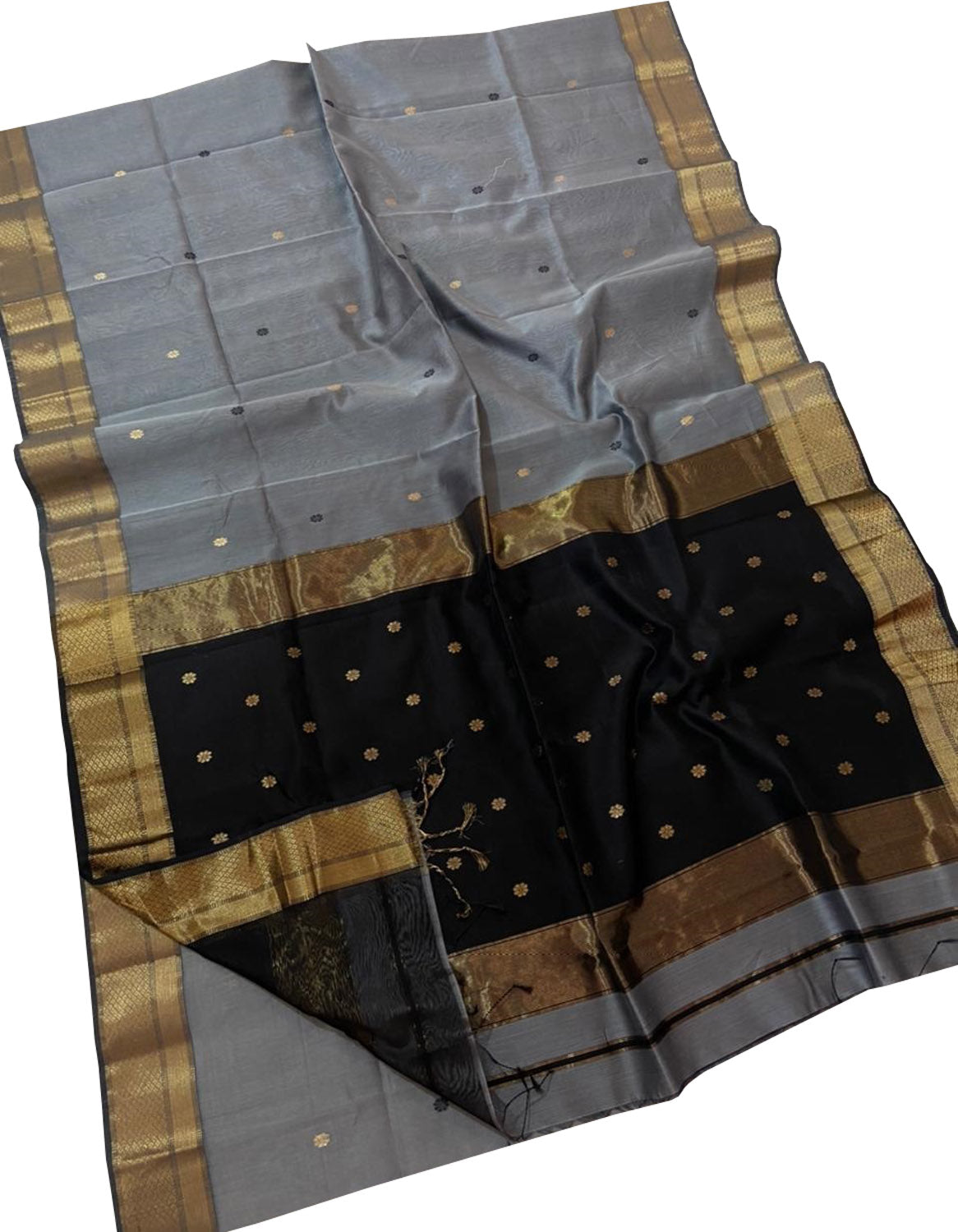 Stunning Grey & Black Maheshwari Silk Cotton Saree - Handloom Woven - Luxurion World