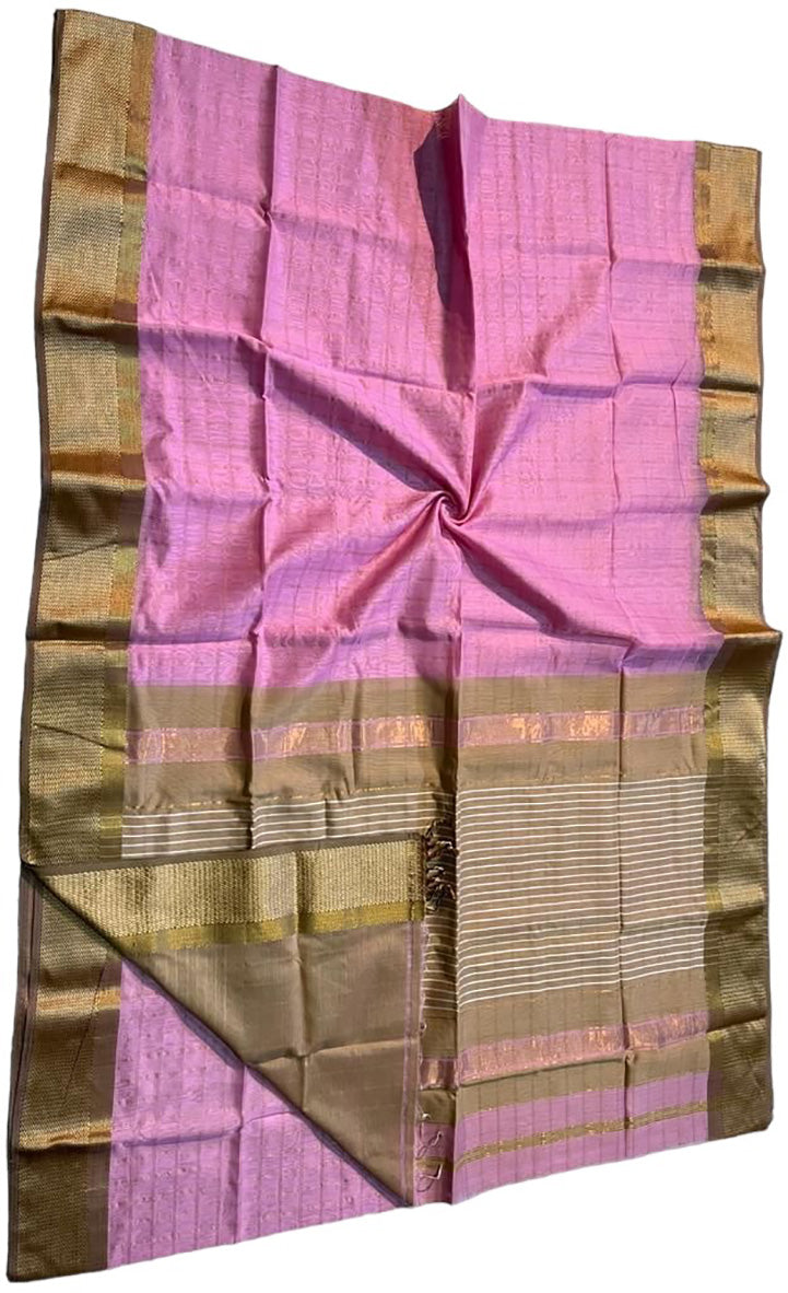 Pink Maheshwari Handloom Cotton Silk Saree - Luxurion World