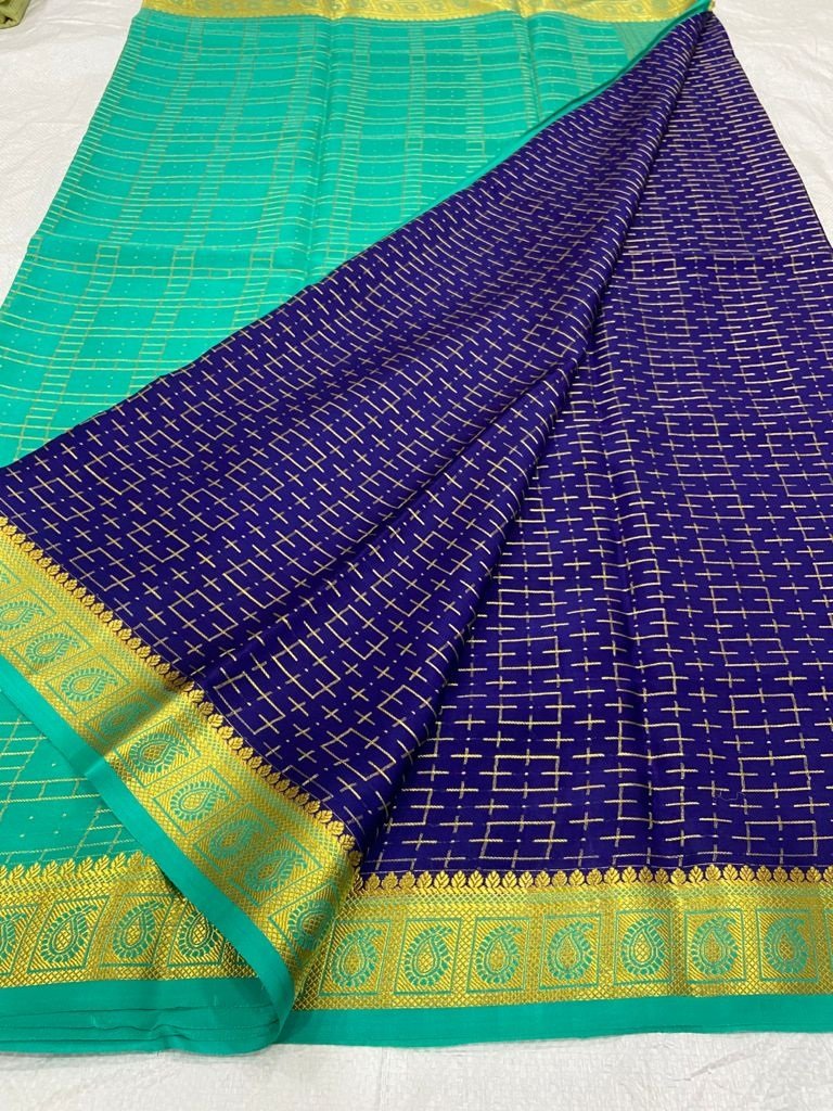 Blue Handloom Mysore Crepe Silk Saree - Luxurion World