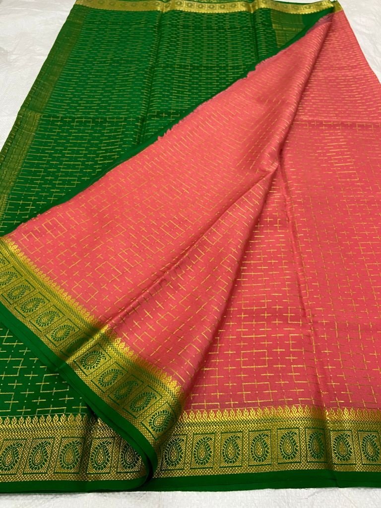 Pink Handloom Mysore Crepe Silk Saree - Luxurion World