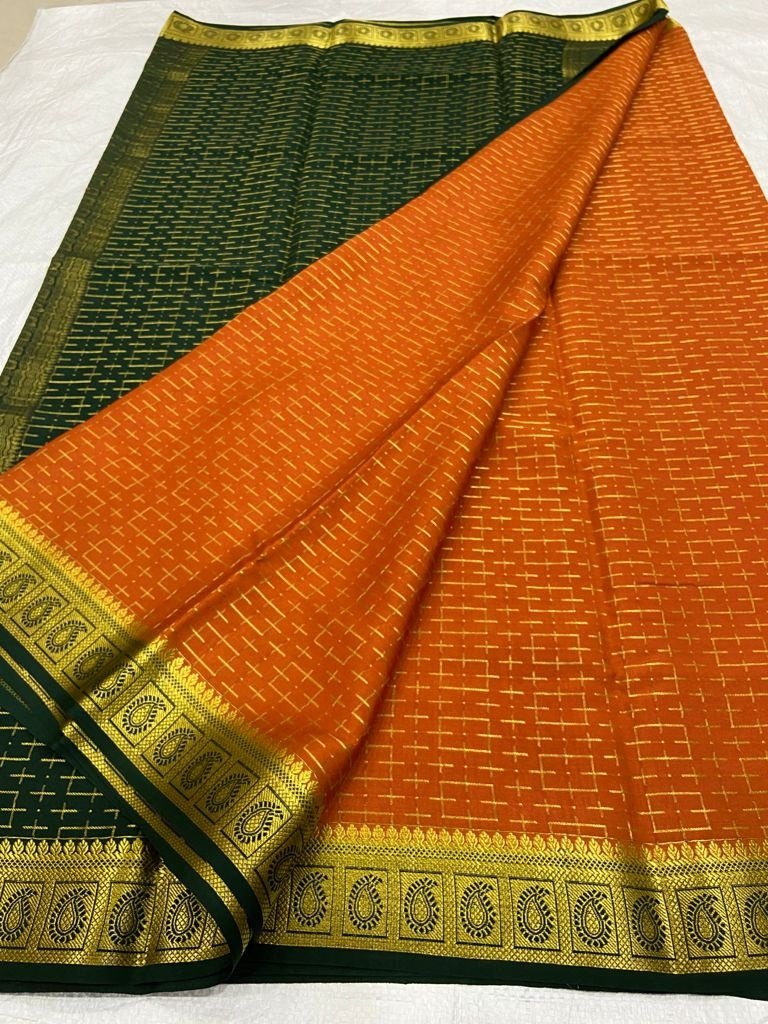 Orange Handloom Mysore Crepe Silk Saree - Luxurion World