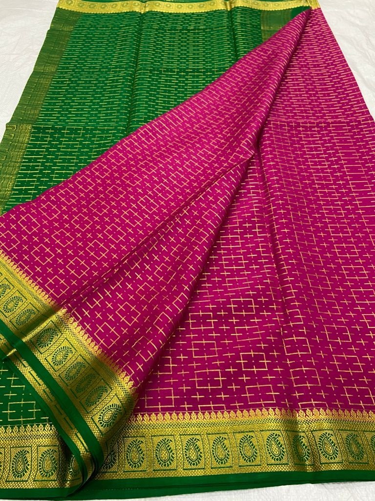 Pink Handloom Mysore Crepe Silk Saree - Luxurion World