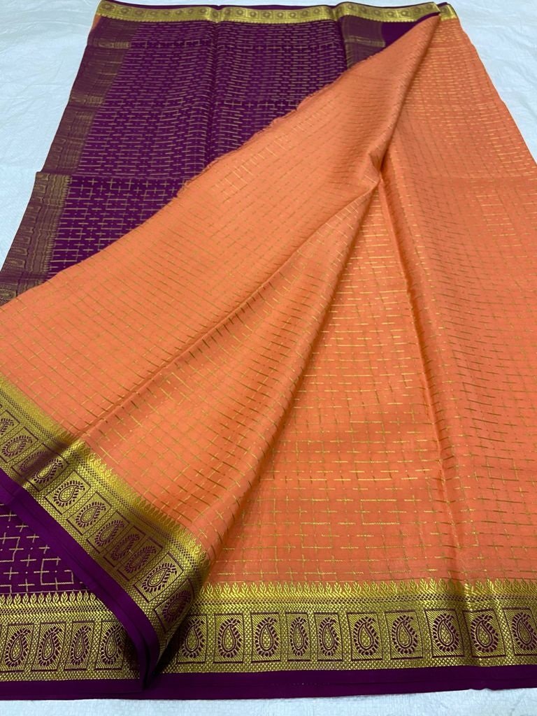 Orange Handloom Mysore Crepe Silk Saree - Luxurion World