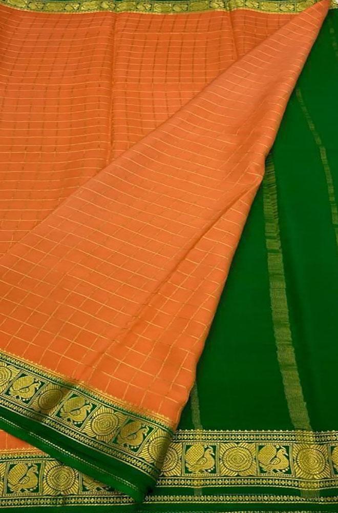 Orange Handloom Mysore Crepe Silk Saree - Luxurion World