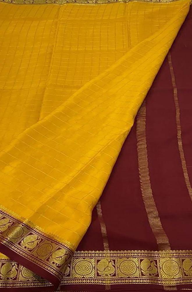Yellow Handloom Mysore Crepe Silk Saree - Luxurion World