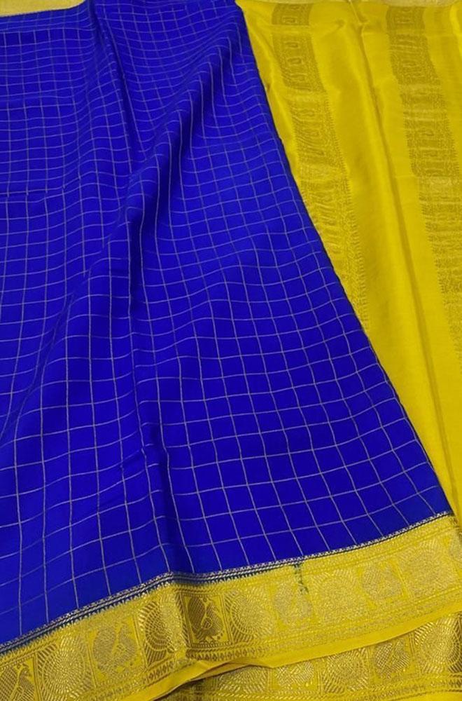Blue Handloom Mysore Crepe Silk Saree - Luxurion World
