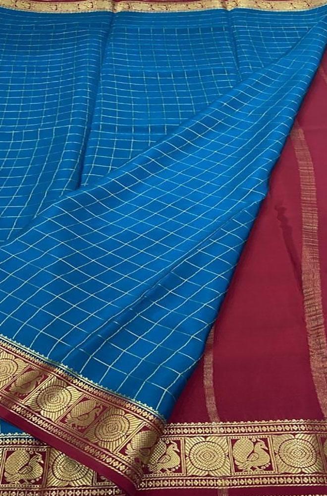 Blue Handloom Mysore Crepe Silk Saree - Luxurion World