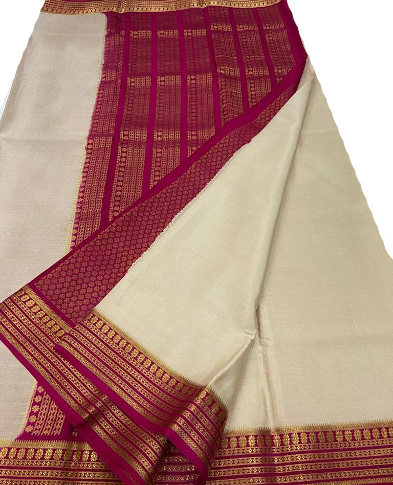 Off White Handloom Mysore Crepe Silk Saree - Luxurion World