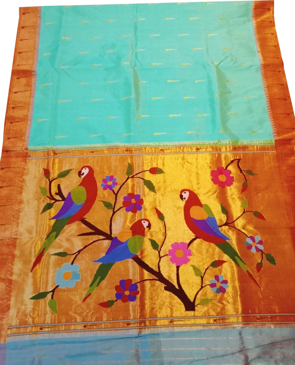 Blue Paithani Handloom Pure Silk Parrot Design Muniya Border Saree - Luxurion World