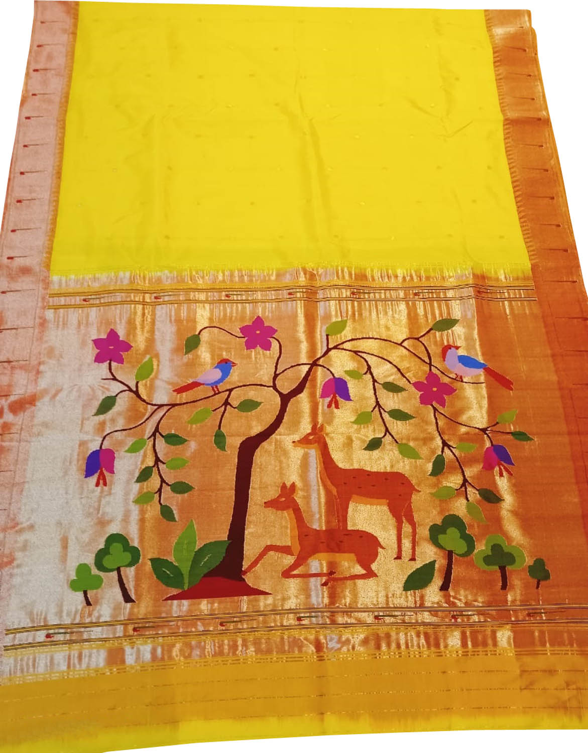 Yellow Paithani Handloom Pure Silk Muniya Border Saree - Luxurion World