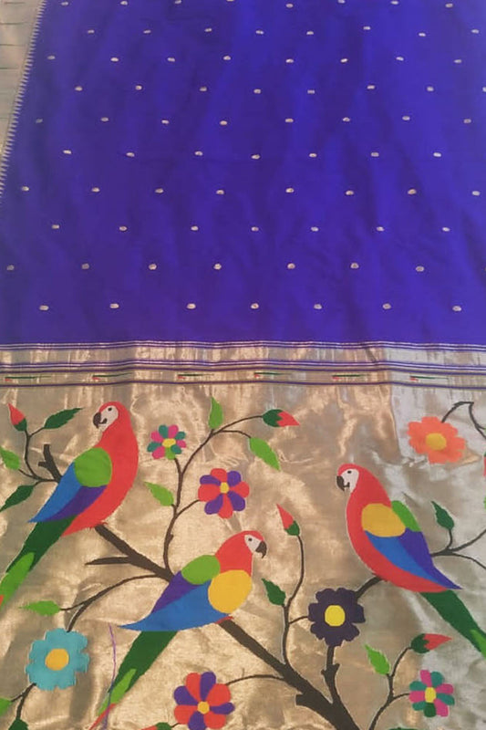 Blue Paithani Handloom Silk Saree with Muniya Border - Luxurion World