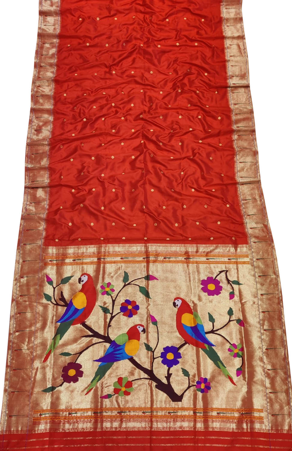 Red Handloom Paithani Pure Silk Parrot Design Muniya Border Saree - Luxurion World