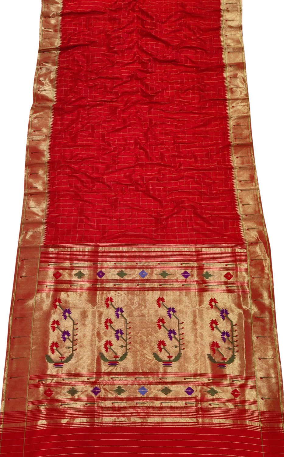Red Handloom Checks Paithani Pure Silk Muniya Border Saree - Luxurion World