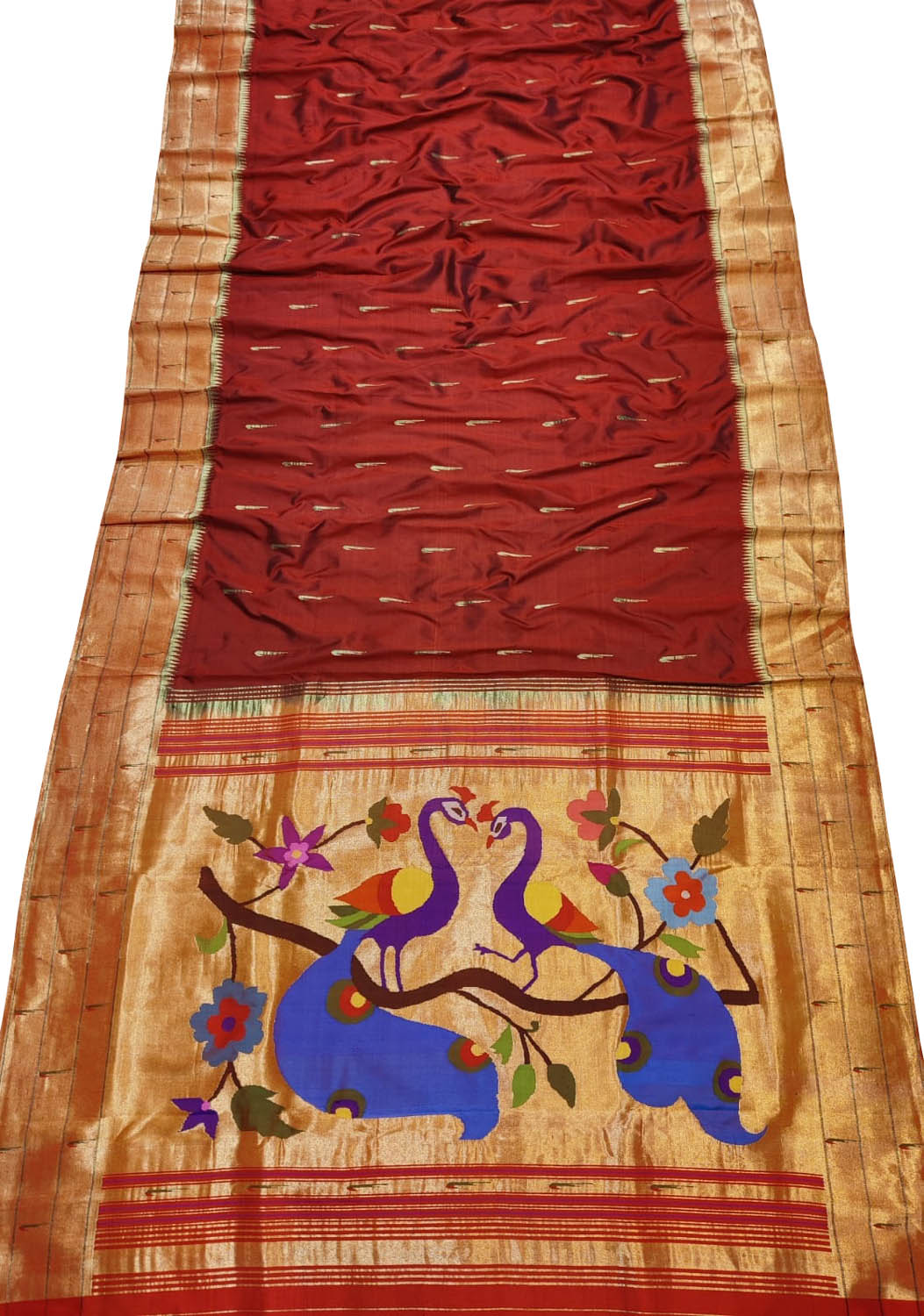 Maroon Handloom Paithani Pure Silk Muniya Border Peacock Design Saree - Luxurion World