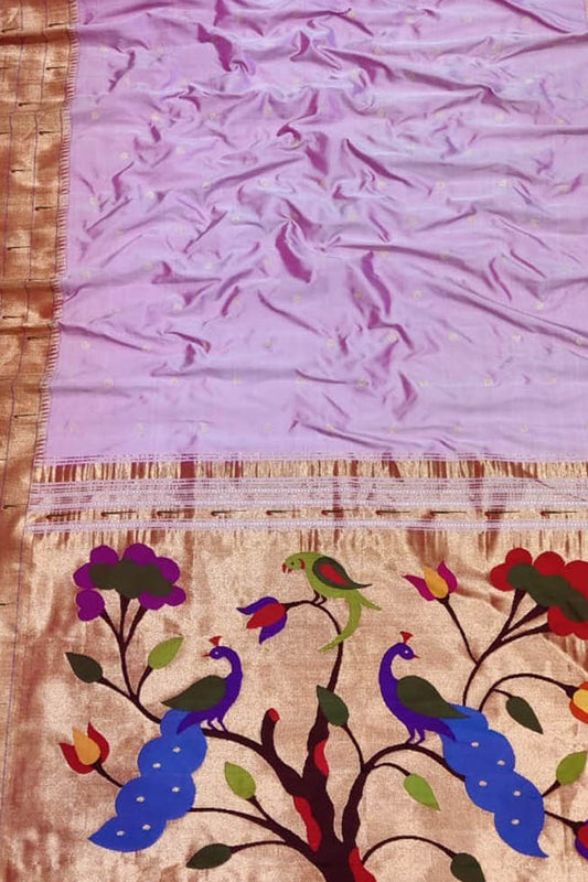 Purple Handloom Paithani Pure Silk Muniya Border Peacock And Parrot Design Saree - Luxurion World