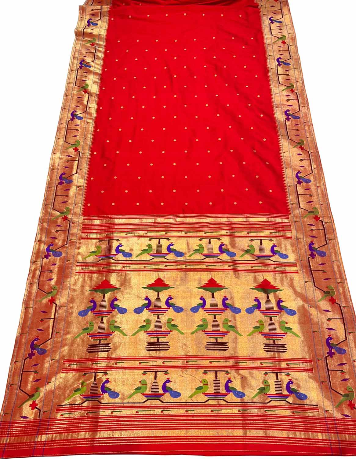 Red Handloom Paithani Pure Silk Floral Design Saree - Luxurion World