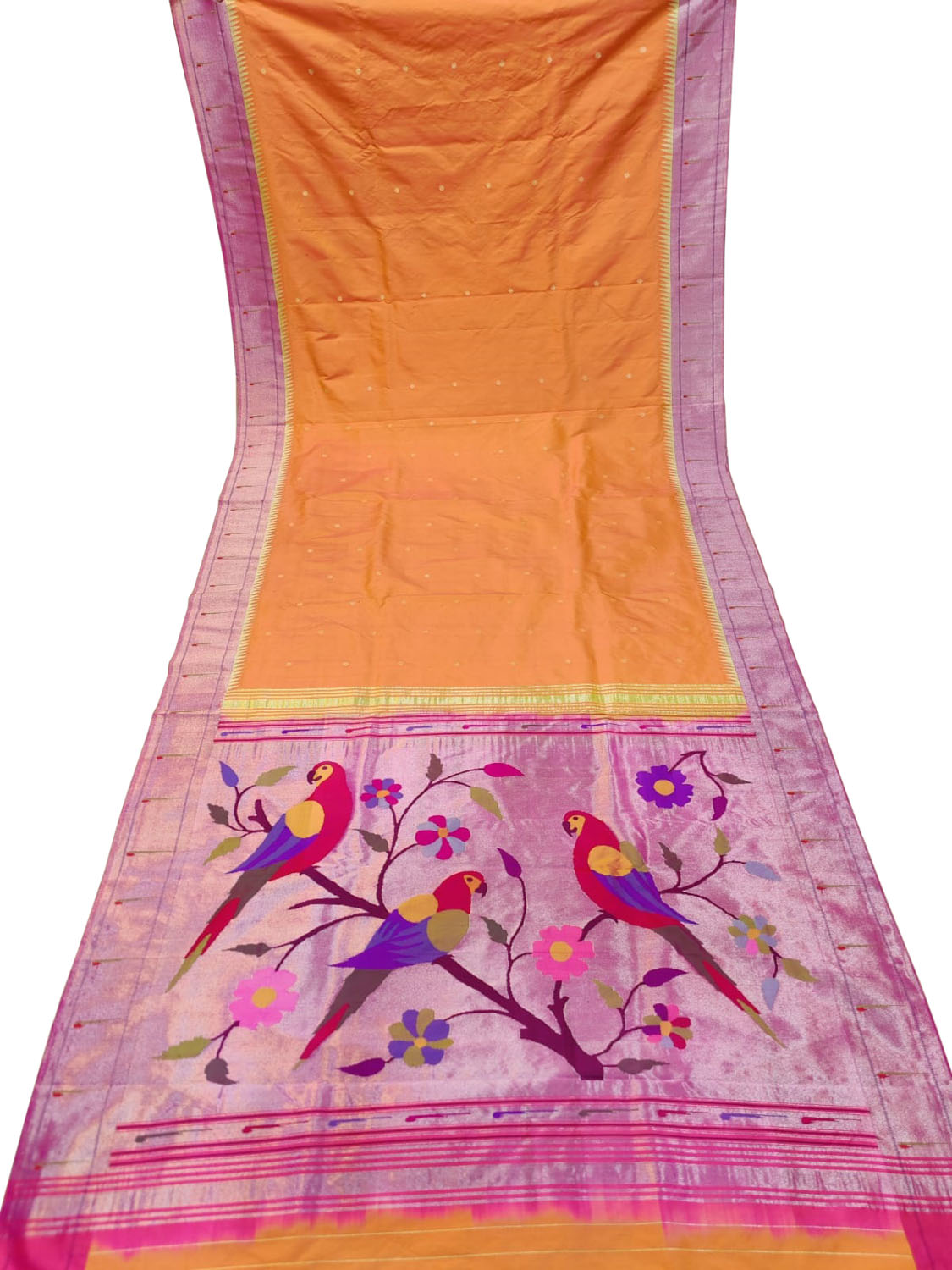 Pure Silk Orange Handloom Paithani Saree with Muniya Border - Elegant and Traditional - Luxurion World