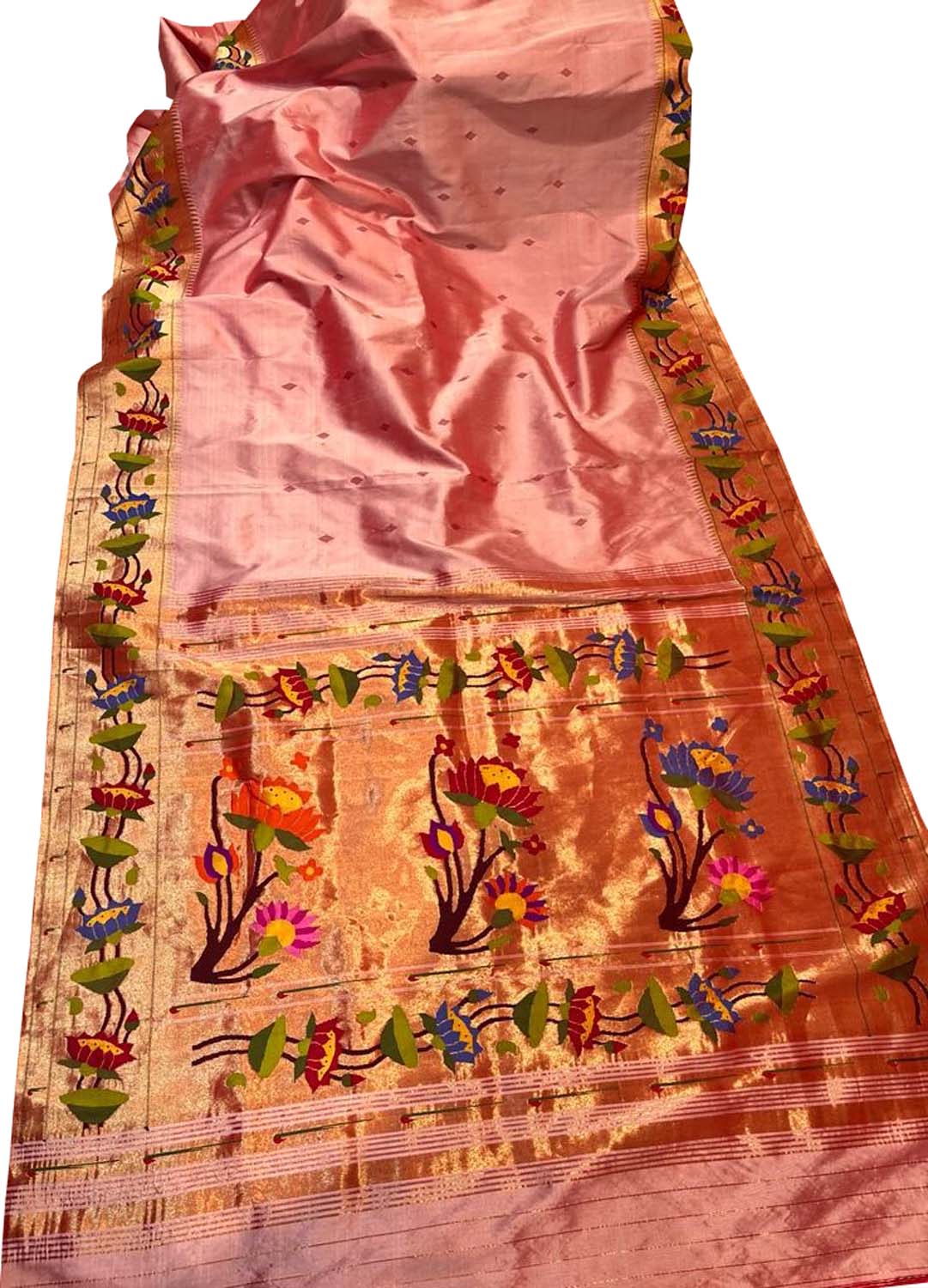 Pink Paithani Handloom Pure Silk Lotus Design Saree - Luxurion World