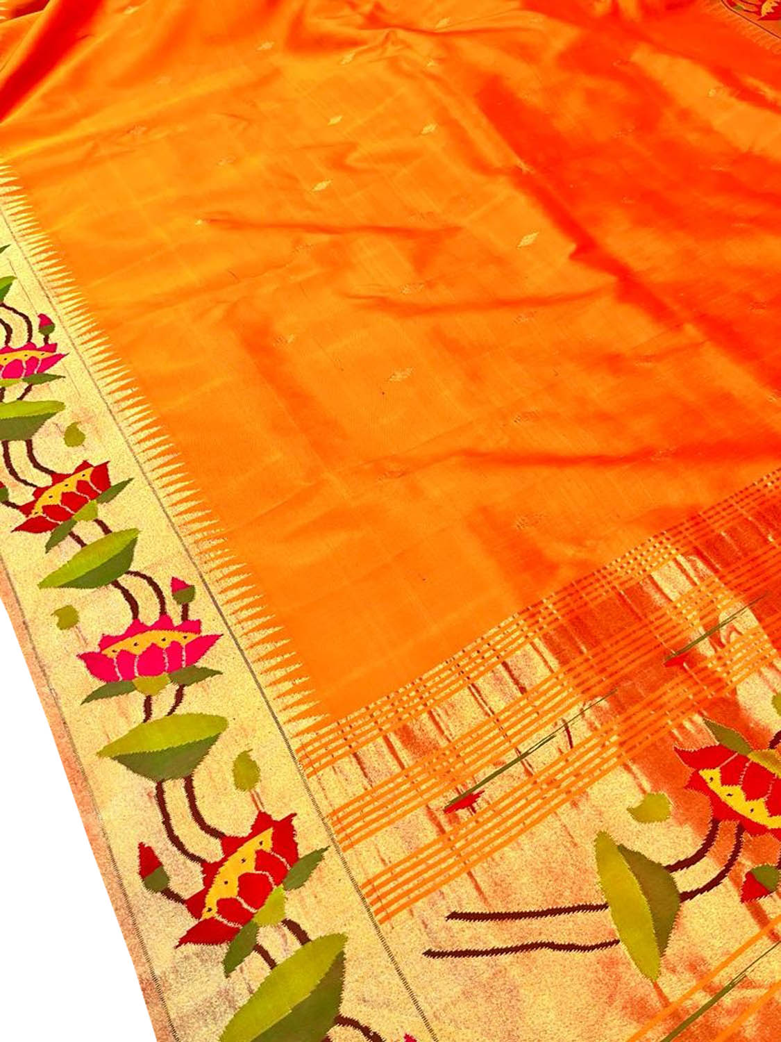 Orange Paithani Handloom Pure Silk Lotus Design Saree - Luxurion World