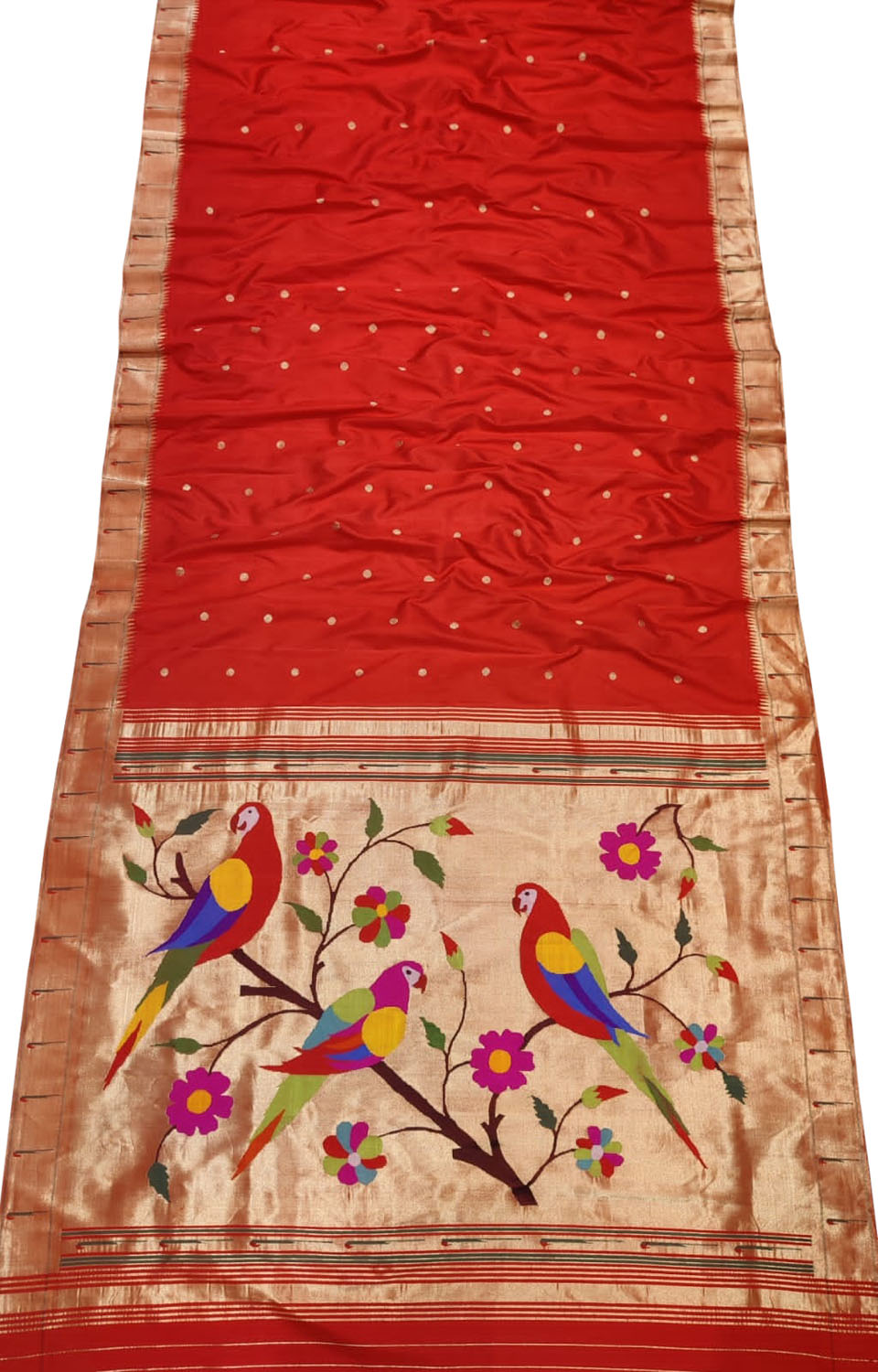 Red Paithani Handloom Parrot Design Pure Silk Muniya Border Saree - Luxurion World