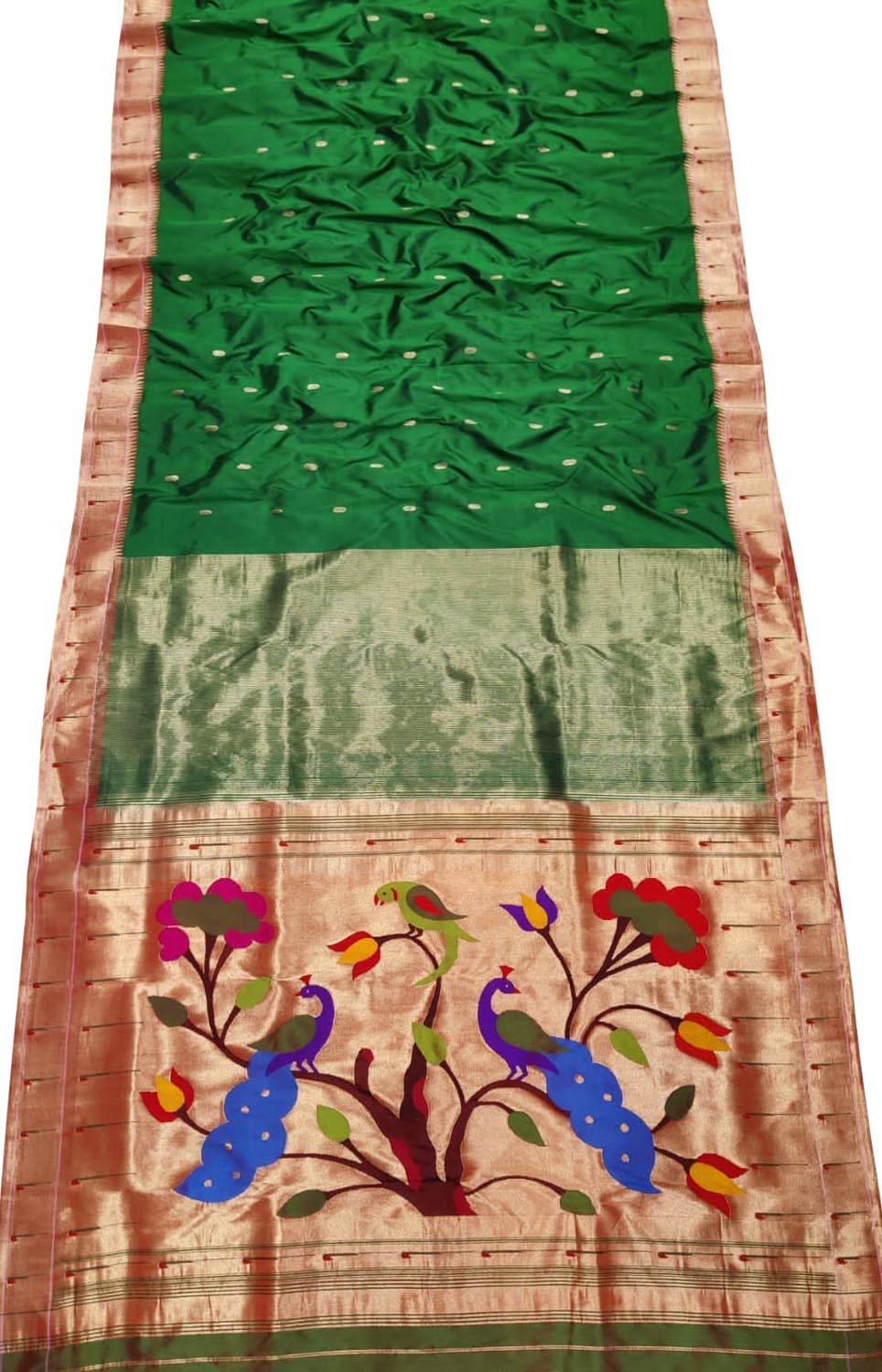 Green Paithani Handloom Pure Silk Peacock Design Muniya Border Saree - Luxurion World
