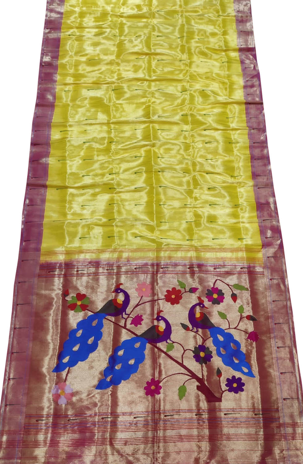 Yellow Paithani Handloom Peacock Design Tissue Pure Silk Muniya Border Saree - Luxurion World