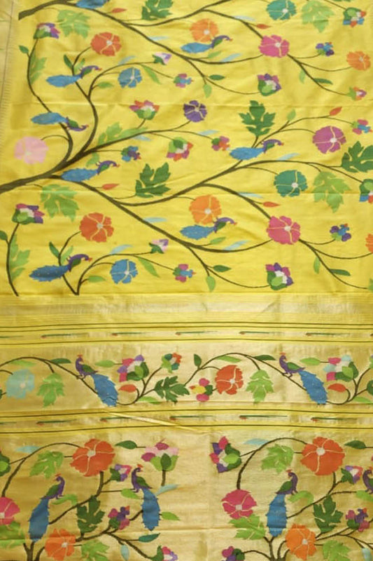 Yellow Paithani Handloom Pure Silk Brocade Saree - Luxurion World