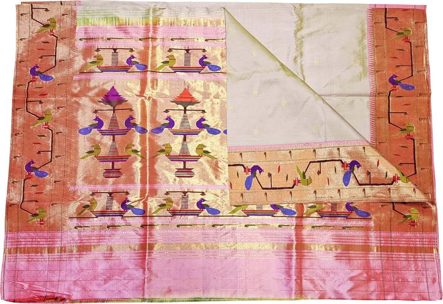 Off White Paithani Handloom Pure Silk Heavy Border Checkard Saree - Luxurion World