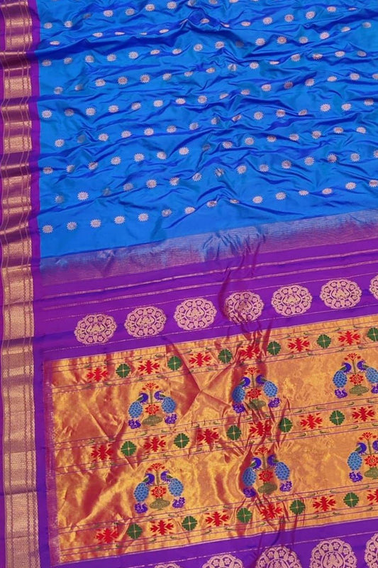 Blue Paithani Handloom Pure Silk Maharani Pallu Peacock Design Saree - Luxurion World