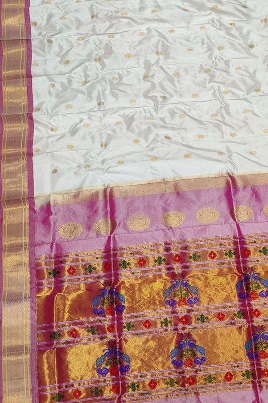 Off White Paithani Handloom Pure Silk Maharani Pallu Peacock Design Saree - Luxurion World