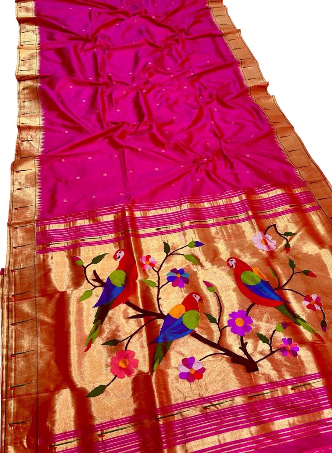 Pink Paithani Handloom Pure Silk Muniya Border Parrot Design Saree - Luxurion World
