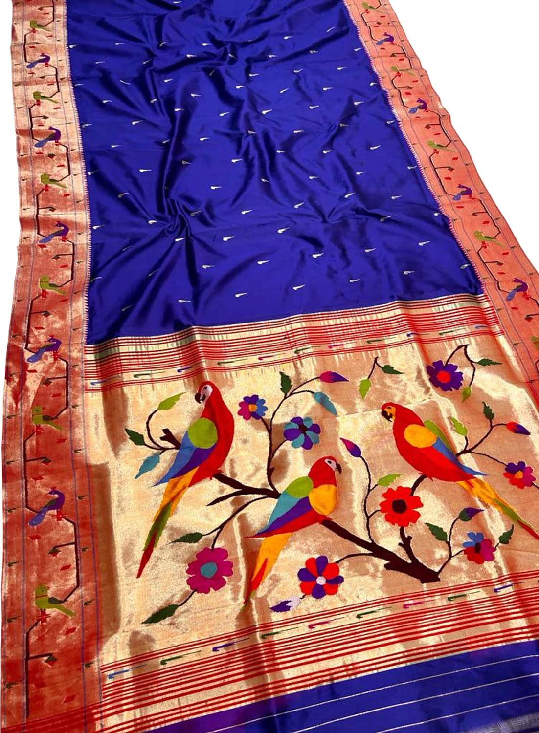 Blue Paithani Handloom Pure Silk Peacock & Parrot Design Saree - Luxurion World