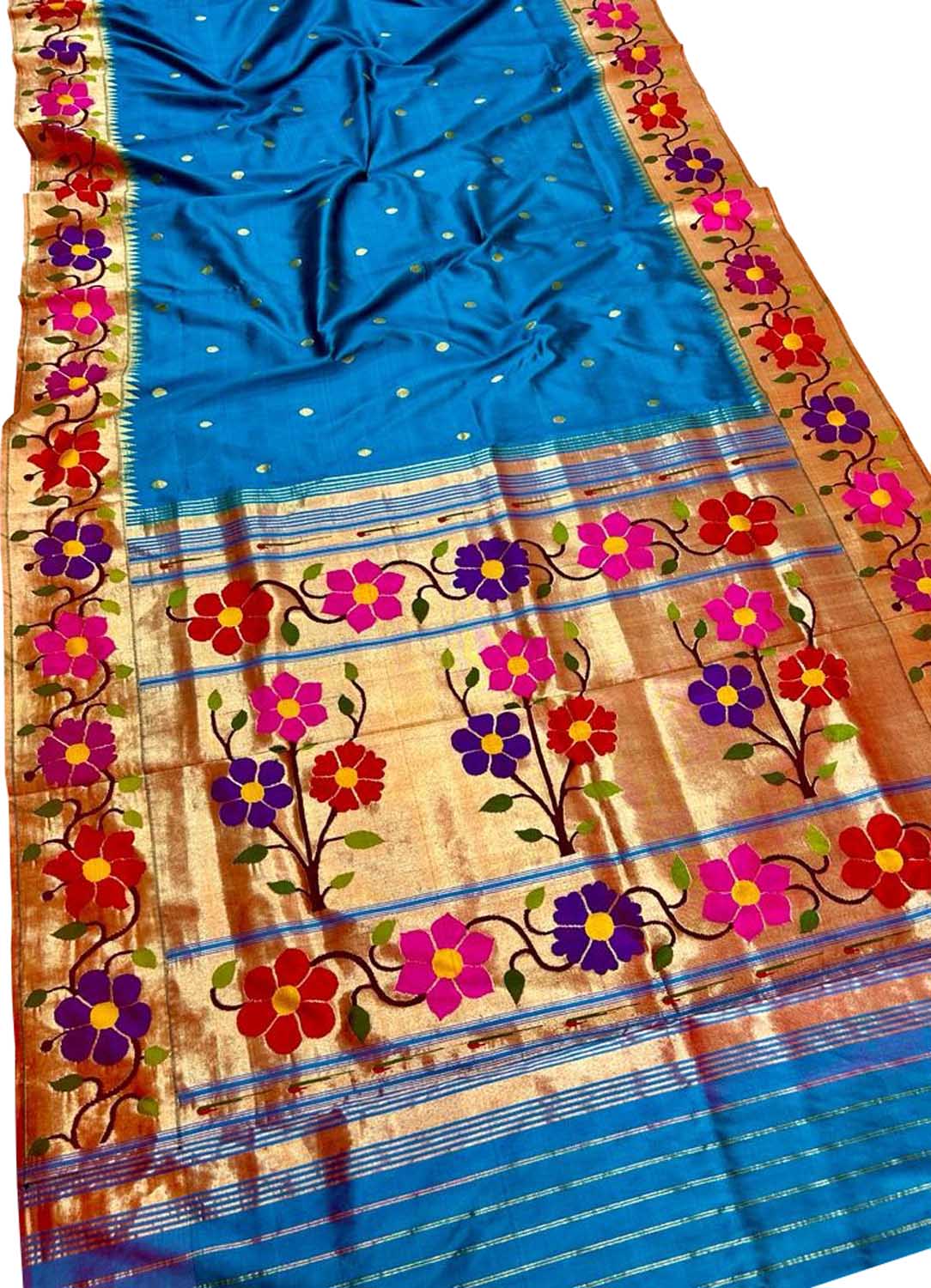 Blue Paithani Handloom Pure Silk Flower Design Saree - Luxurion World
