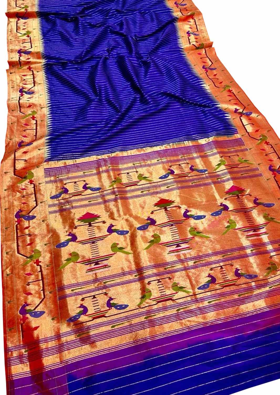 Blue Paithani Handloom Pure Silk Peacock & Parrot Design Saree - Luxurion World