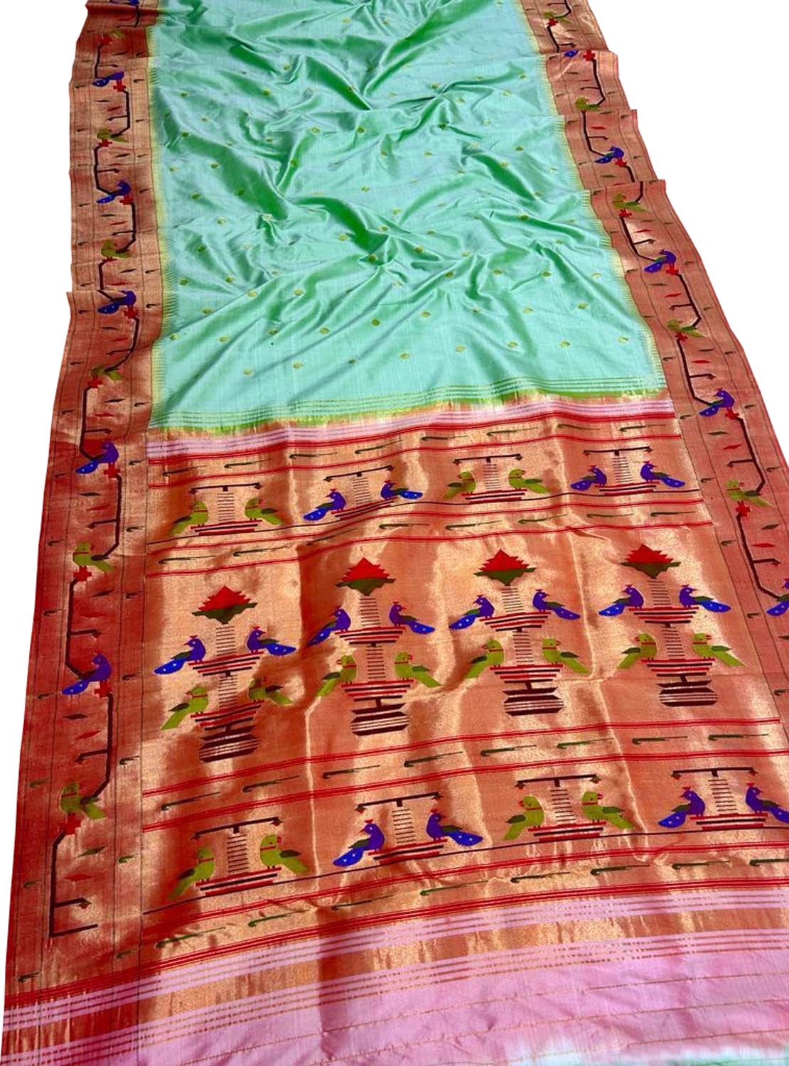 Green Paithani Handloom Pure Silk Peacock & Parrot Design Saree - Luxurion World