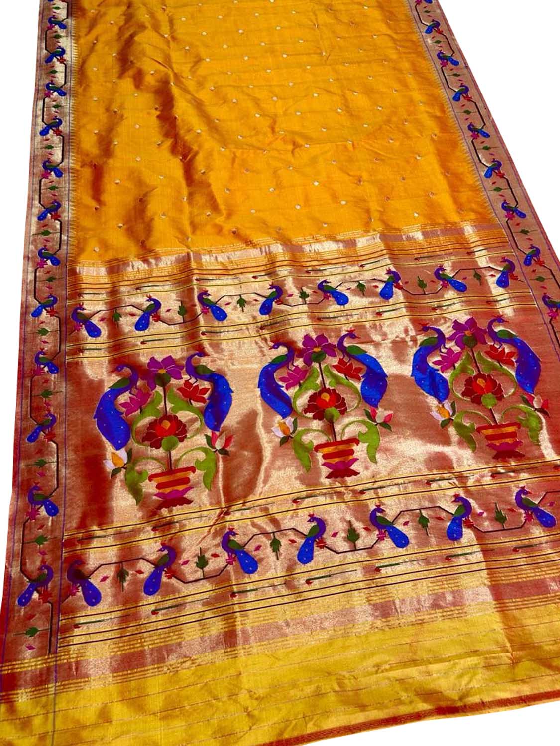 Yellow Paithani Handloom Pure Silk Peacock Design Saree - Luxurion World
