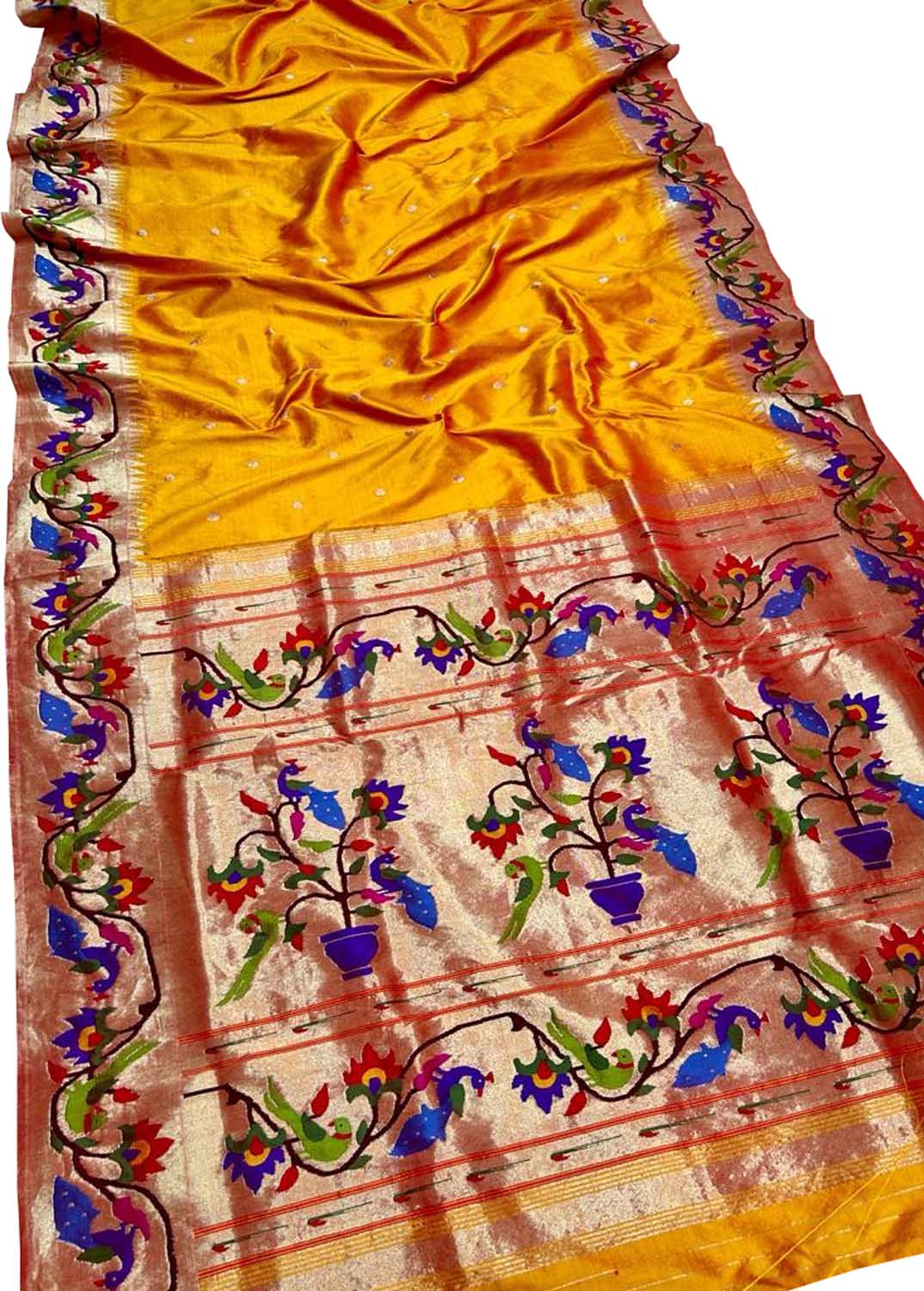 Yellow Paithani Handloom Pure Silk Parrot & Peacock Design Saree - Luxurion World