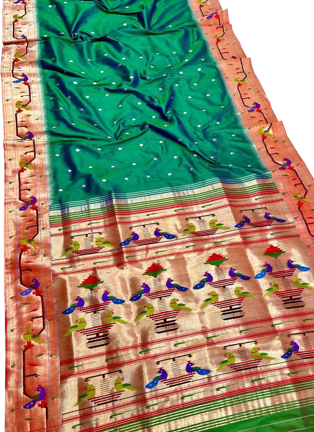 Green Paithani Handloom Pure Silk Peacock & Parrot Design Saree - Luxurion World