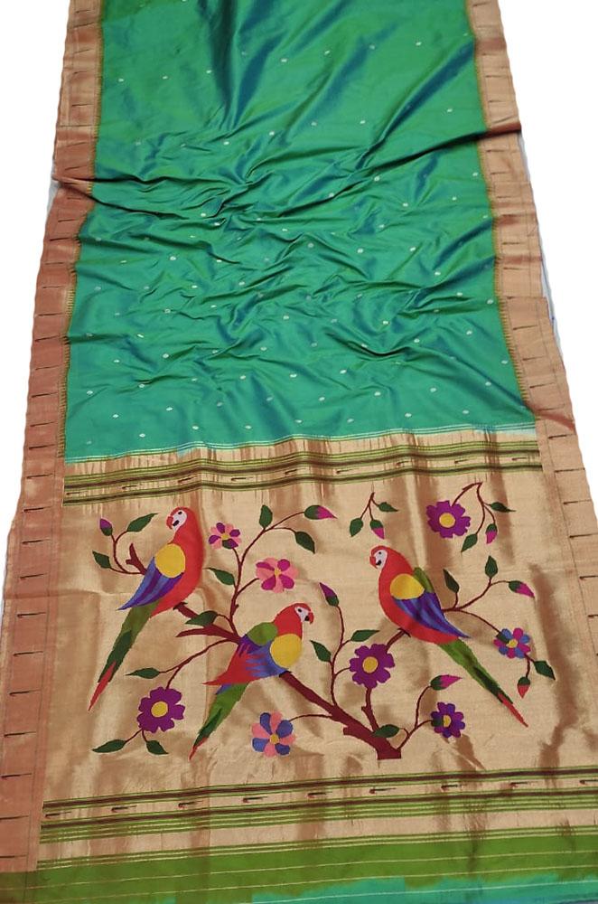 Green Handloom Paithani Pure Silk Muniya Border Parrot Design Pallu Saree - Luxurion World