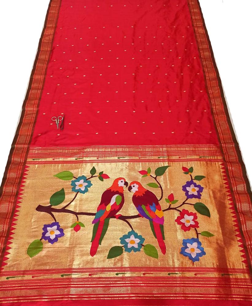 Red Handloom Paithani Pure Silk Parrot Design Pallu Saree - Luxurion World