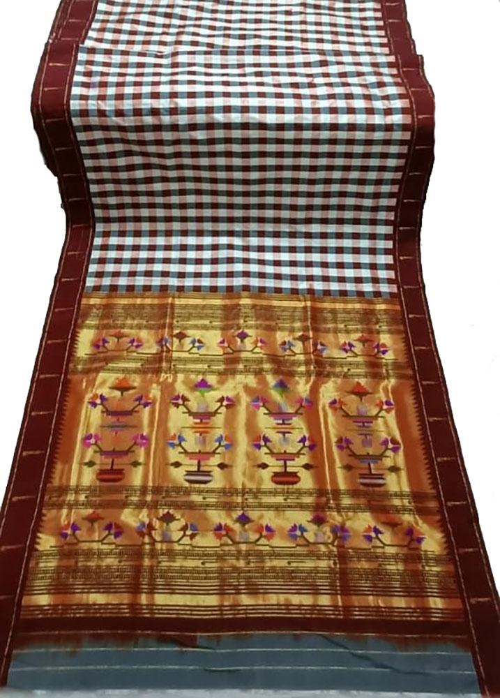 Multicolor Checks Handloom Paithani Pure Silk Muniya Border Flower Design Pallu Saree - Luxurion World