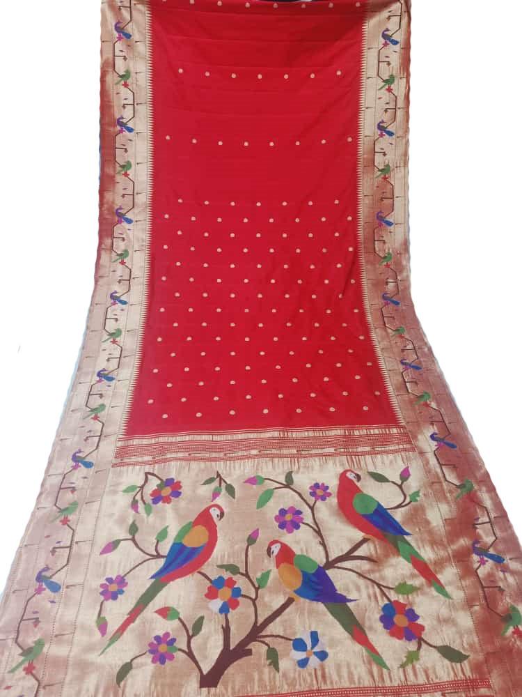 Red Handloom Paithani Pure Silk Triple Muniya Border Parrot Design Pallu Saree - Luxurion World