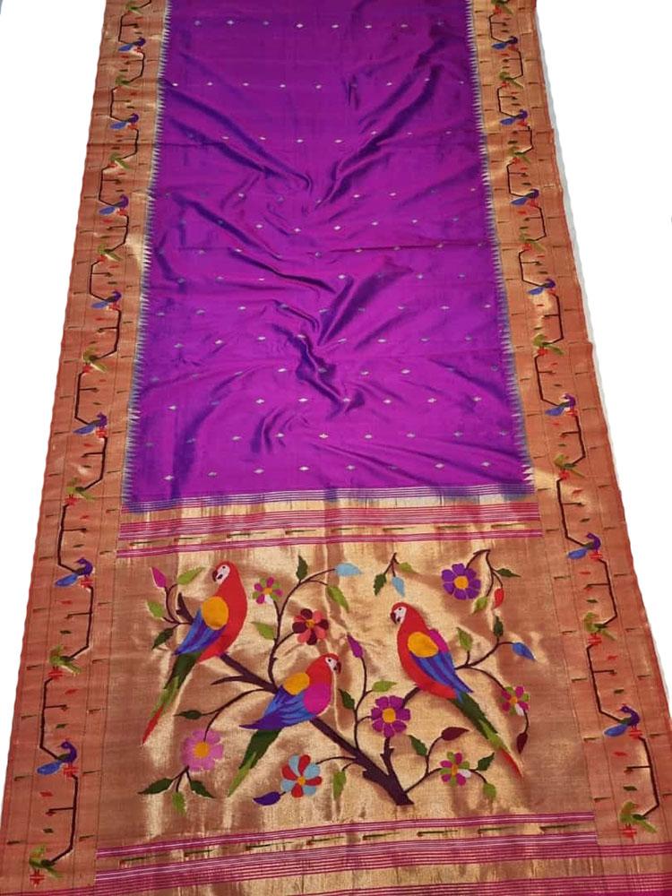 Purple Handloom Paithani Pure Silk Triple Muniya Border Parrot Design Pallu Saree - Luxurion World