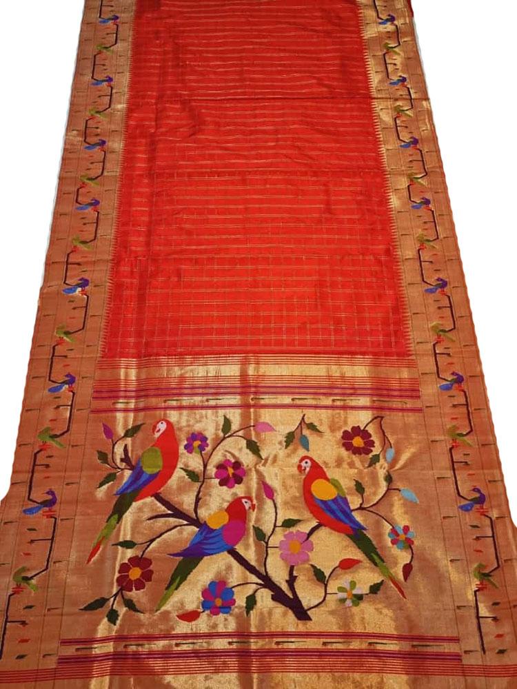 Red Handloom Paithani Pure Silk Triple Muniya Border Parrot Design Pallu Saree - Luxurion World