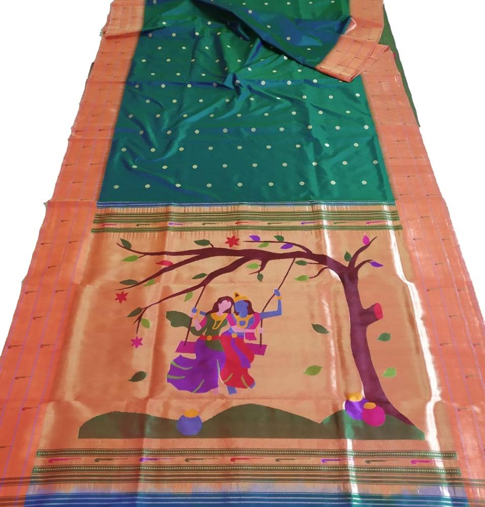 Green Handloom Paithani Pure Silk Triple Muniya Border Saree - Luxurion World